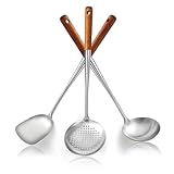 Evanda Wok Spatel Set 43 cm, hitzebeständiger Holzgriff Wok-Werkzeuge aus Edelstahl, Metallspatel, Schöpfkelle, Küchenabschäumer, professionelles Küchen Kochutensilien Set, spülmaschinenfest